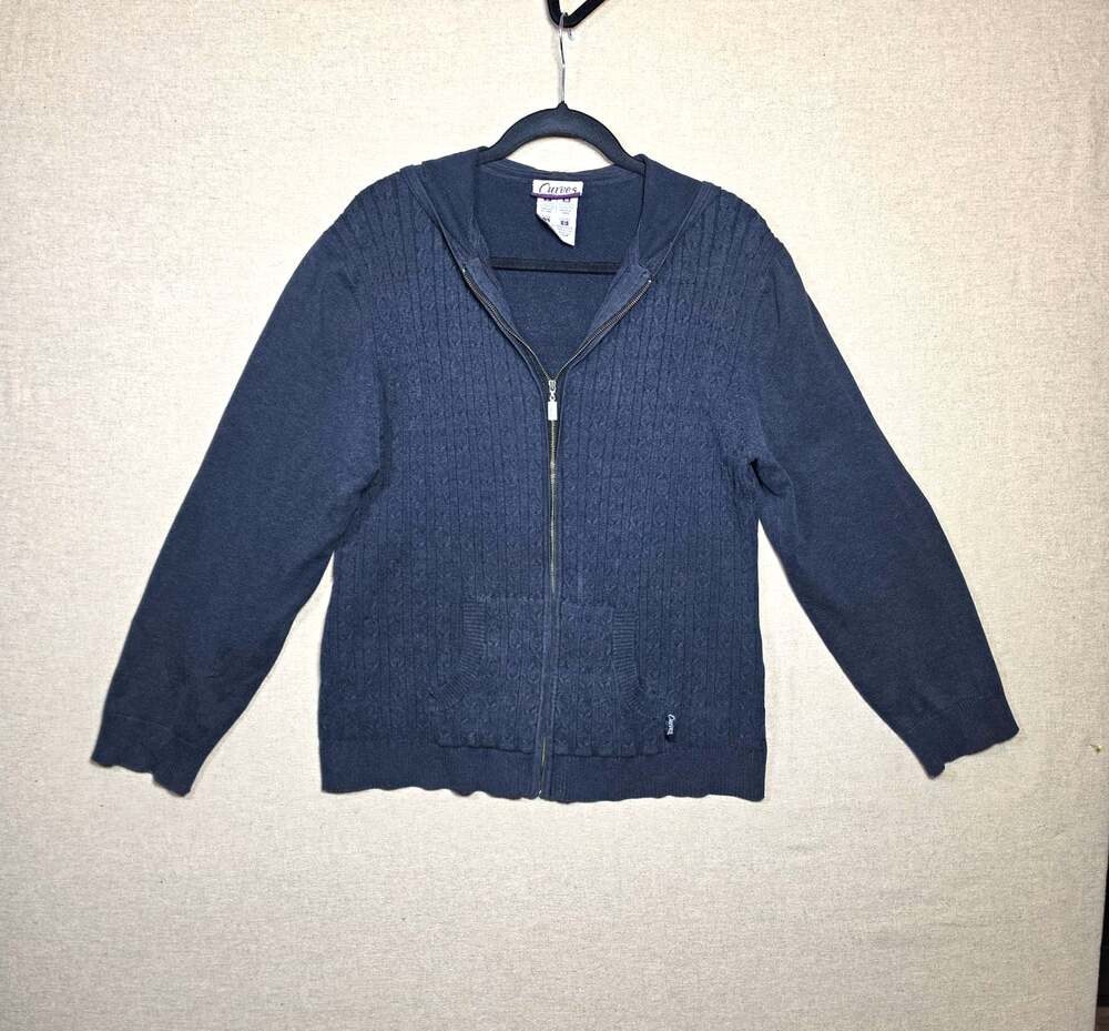 Curves Womens dark Gray Cable Knit Full Zip Hooded cardigan Size M Regular Fit - Picture 1 of 13